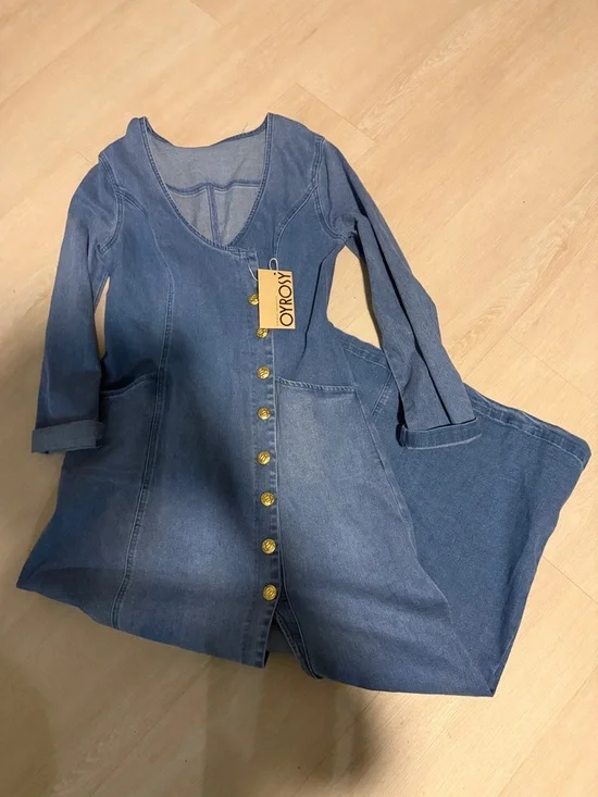 Oyrosy Denim V-Neck Long Sleeve Maxi Dress - Picture 3 of 3